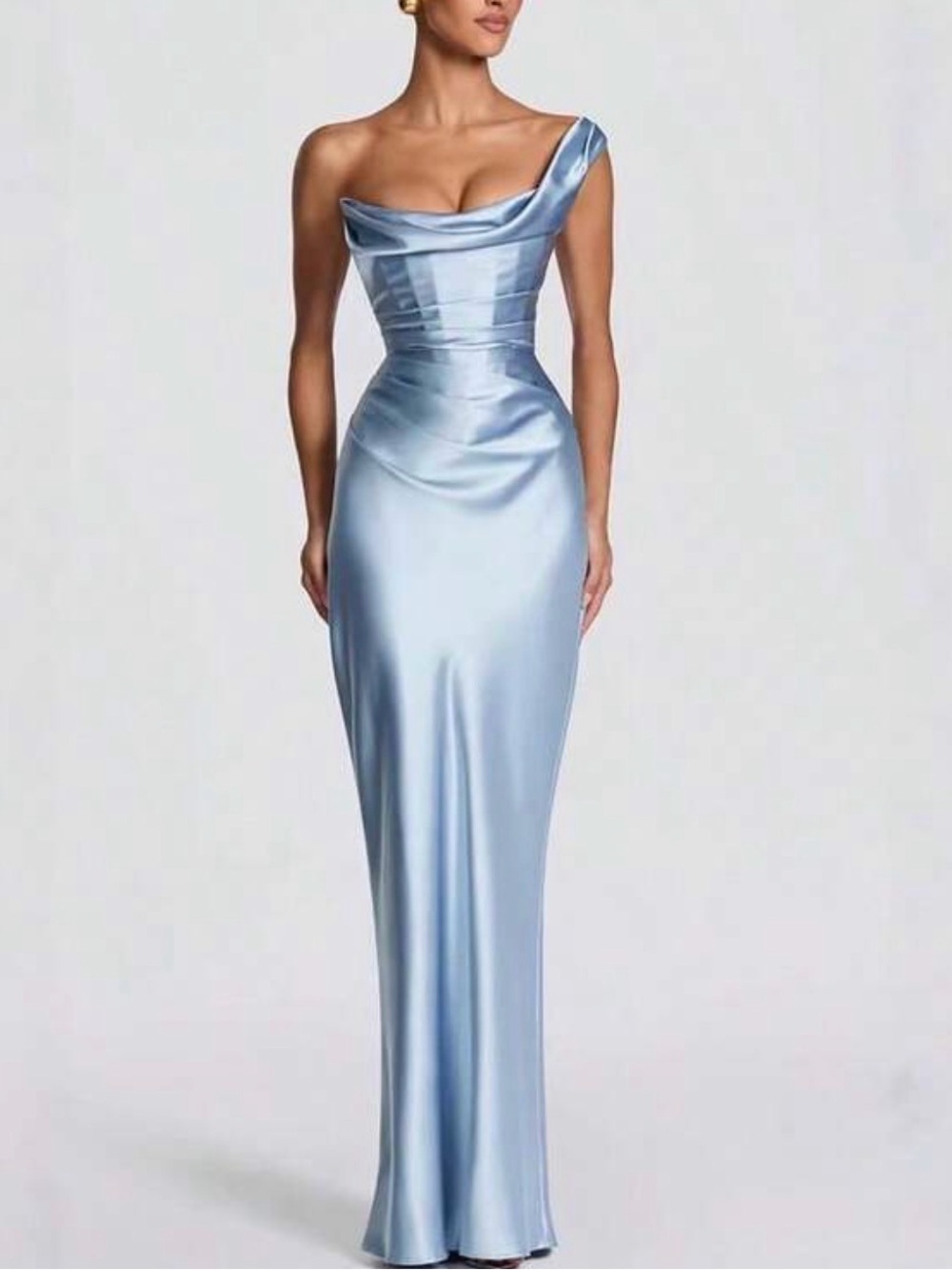 One-Shoulder Satin Evening Gown in Light Blue
